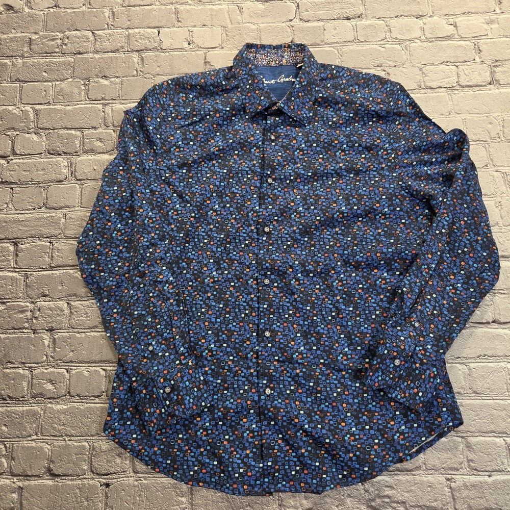 Robert Graham Navy Blue/Multicolored AOP Dress Shirt Classic Fit Large